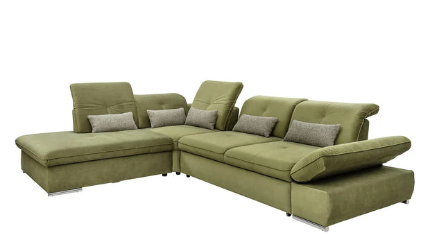 Wajnert Coltar Extensibil Editis Large Velvet Verde Olive, Sezlong pe Stanga, cu Lada de Depozitare, tapitat cu Stofa, Spatar Reglabil, Tetiere si Cotiere Reglabile, l314xA251xH82-97 cm