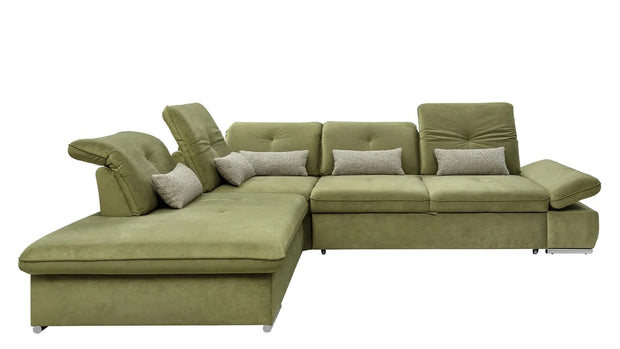 Wajnert Coltar Extensibil Editis Large Velvet Verde Olive, Sezlong pe Stanga, cu Lada de Depozitare, tapitat cu Stofa, Spatar Reglabil, Tetiere si Cotiere Reglabile, l314xA251xH82-97 cm