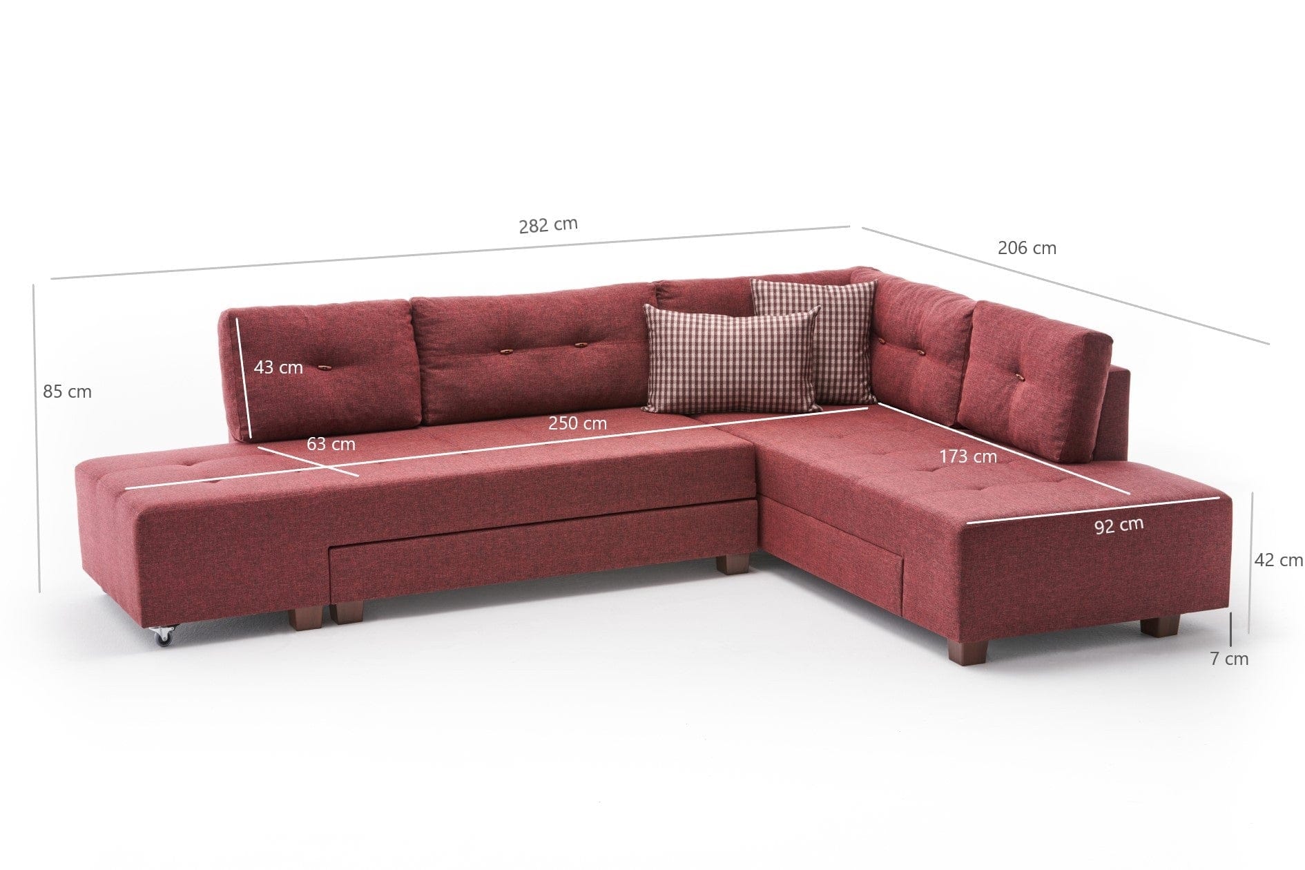 Asir Coltar Extensibil Manama Bordeaux, Sezlong pe Dreapta, tapitat cu Stofa, l280xA206xH85 cm