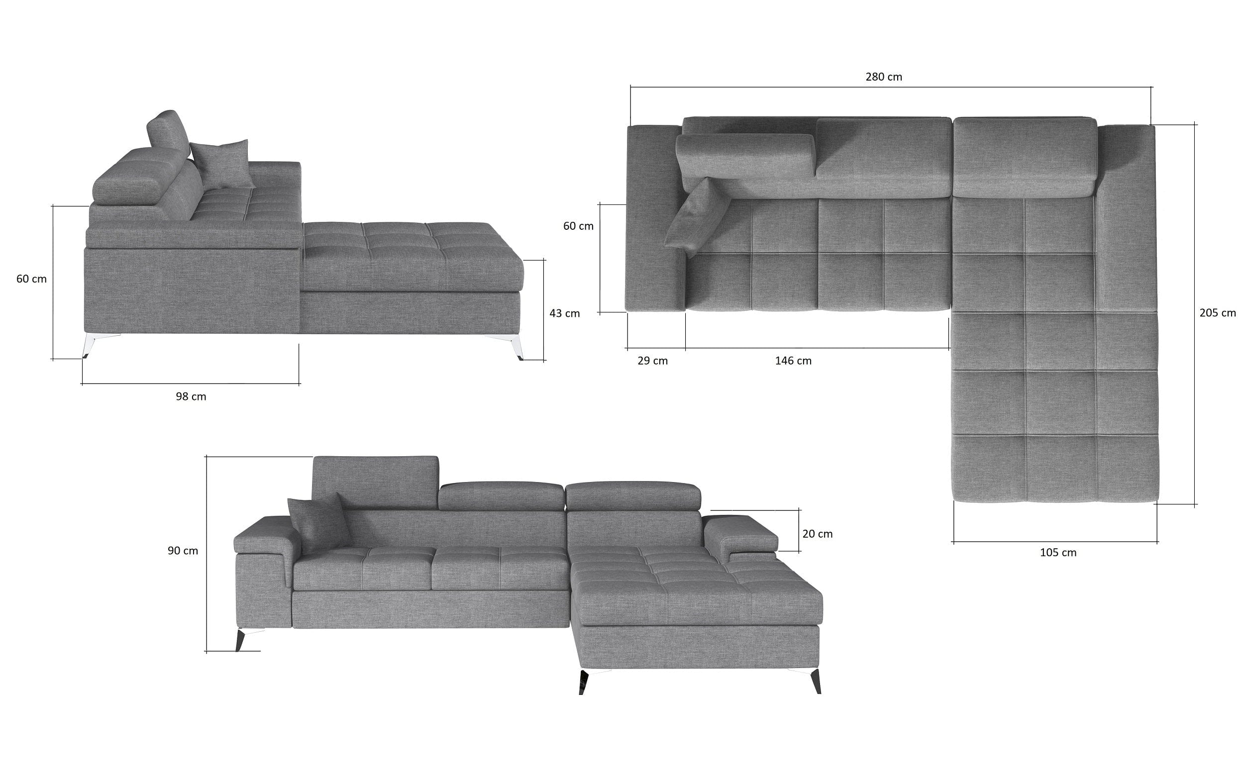 Eltap Coltar Extensibil Ricky Plus Bleumarin / Gri Deschis cu Lada de Depozitare, Sezlong pe Dreapta, Tetiere Reglabile, Perna Inclusa, l280xA205xH70-90 cm