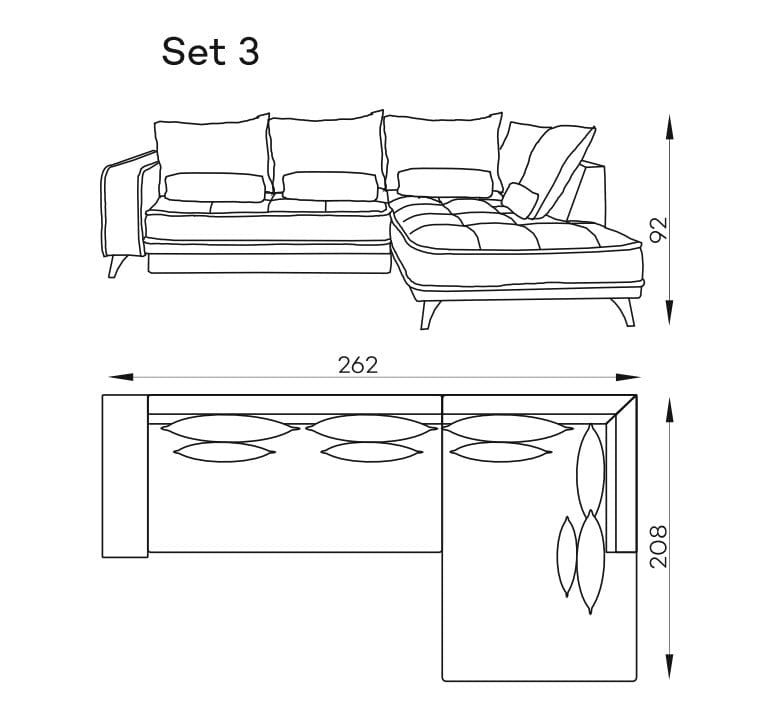 Coltar Extensibil Sensit Set 3 Gri, Sezlong pe Dreapta, Lada de Depozitare, Perne Incluse, l262xA208xH92 cm (10)