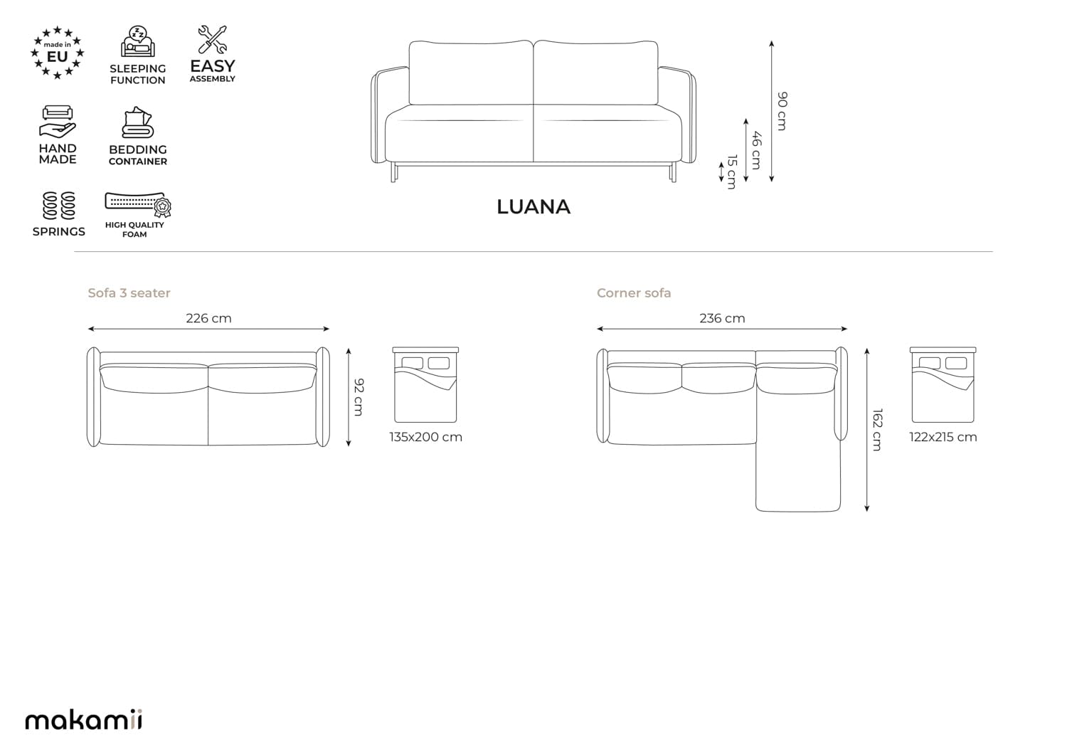 Makamii Coltar Extensibil, Sezlong pe Dreapta, Lada de Depozitare, Tapitat cu Stofa, Luana C14 Bej Inchis, l236xA162xH90 cm