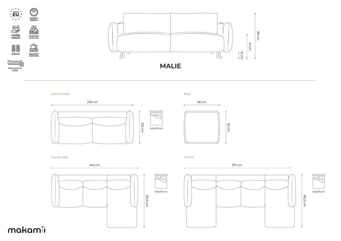 Makamii Coltar Extensibil, Sezlong pe Dreapta, Tapitat cu Stofa, Malie C12 Albastru Denim, l242xA162xH86 cm