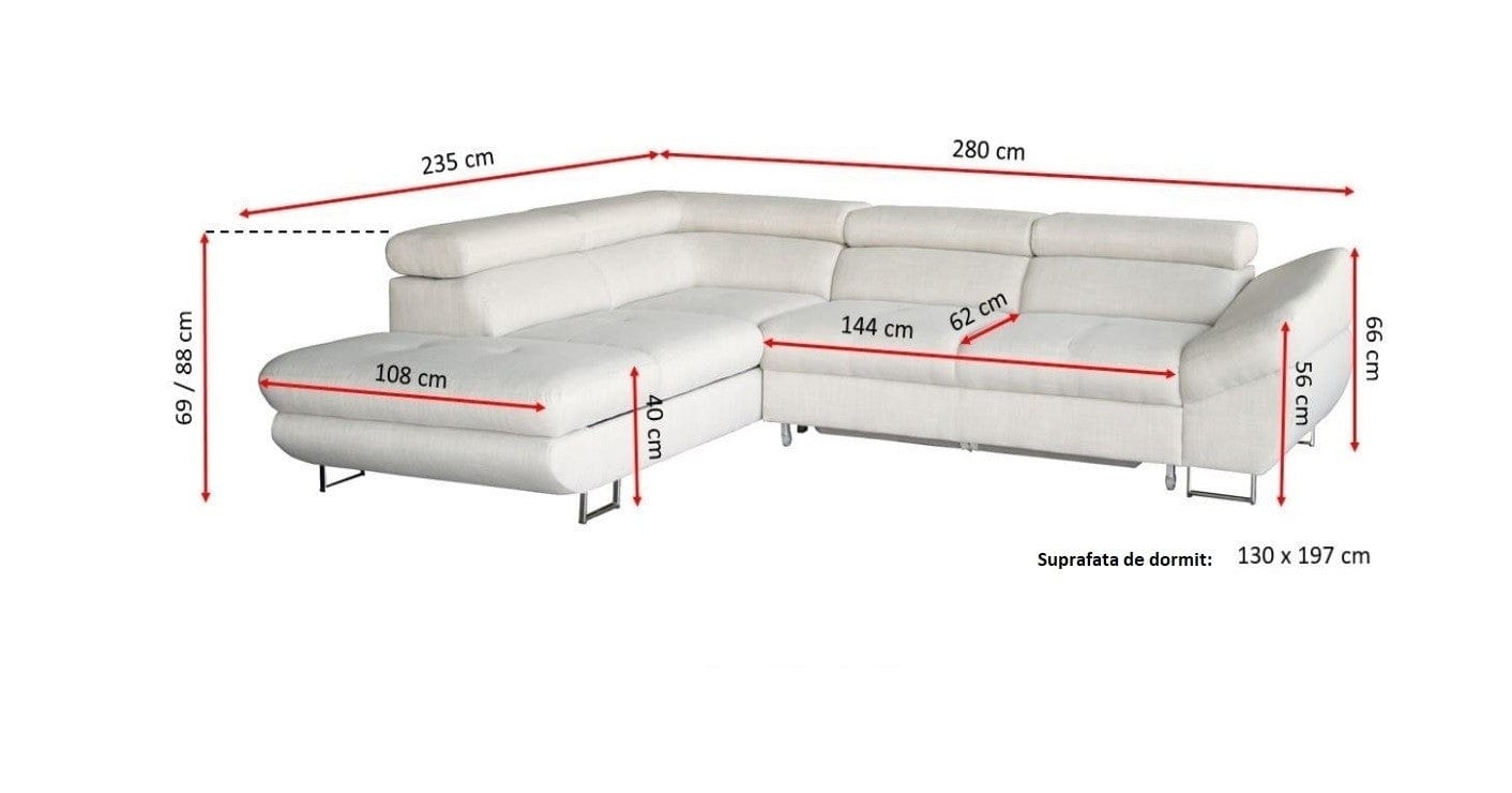 Coltar Fabrines Extensibil cu Arcuri Ondulate si Spuma Poliuretanica, Sezlong pe Stanga, Suprafata de Dormit 197x130 cm, cu Lada de Depozitare, Tetiere Reglabile, l280xA235xH69 cm (5)