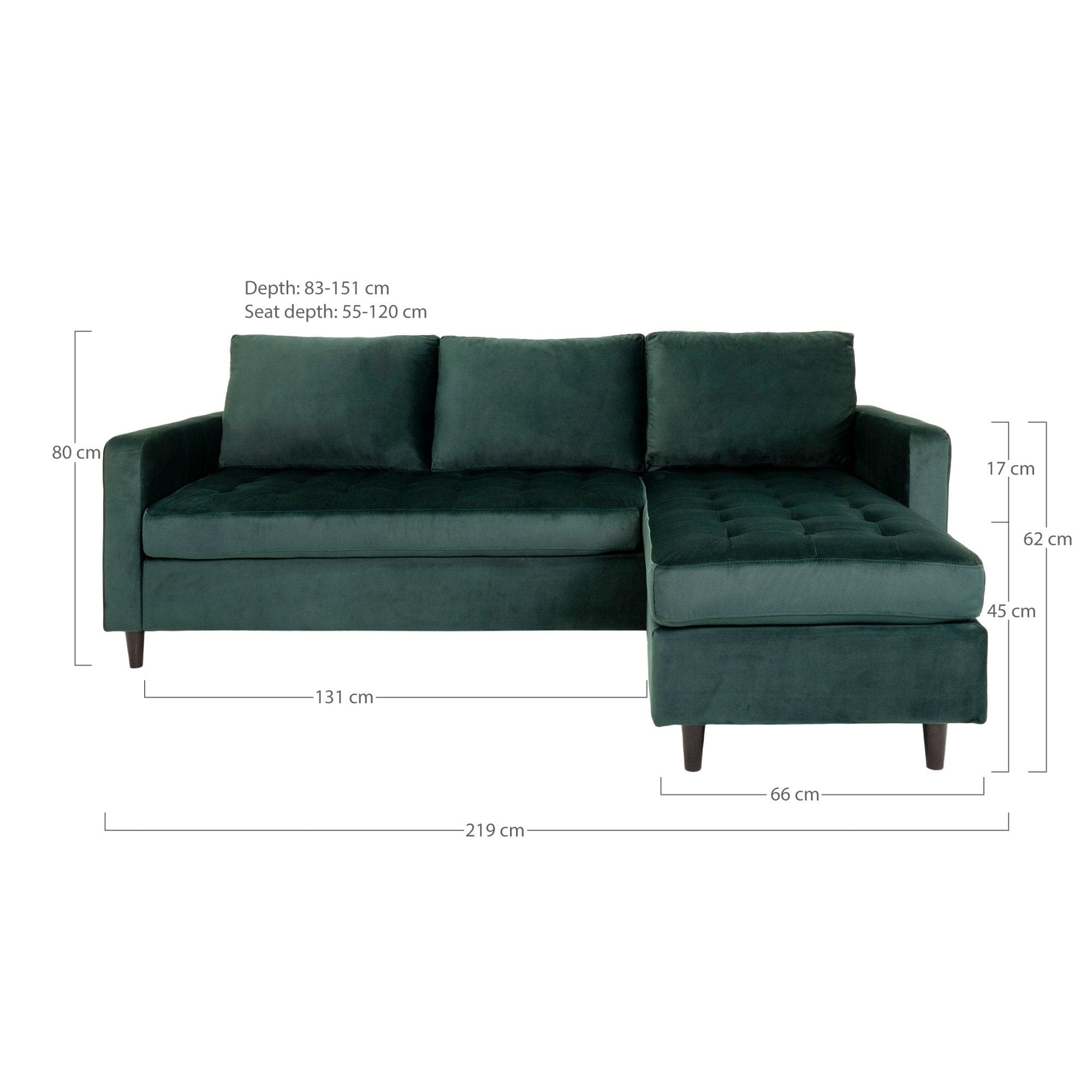 Coltar Fix, Sezlong pe Dreapta, Tapitat cu Stofa, Firenze Velvet Verde Inchis / Negru, l219xA151xH80 cm (4)