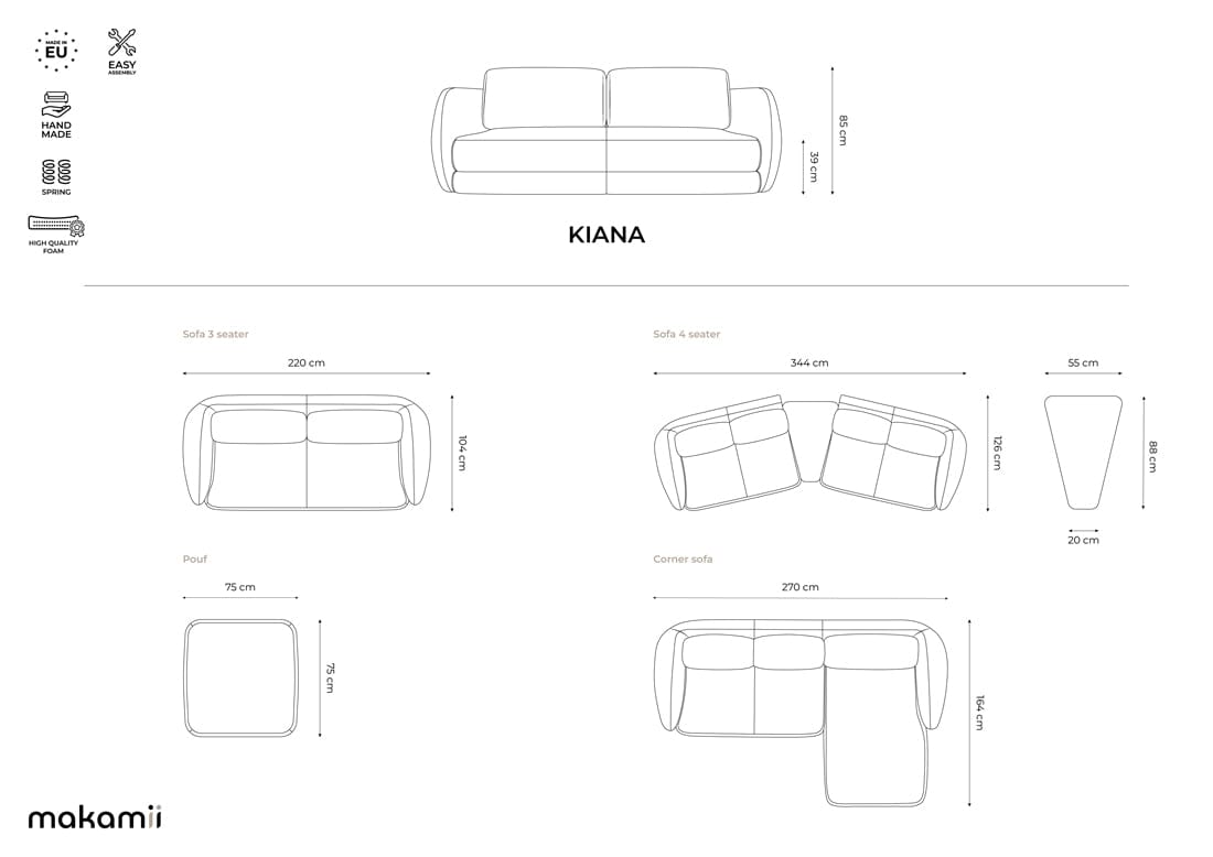 Makamii Coltar Fix, Sezlong pe Dreapta, Tapitat cu Stofa, Kiana C5 Bej Deschis, l270xA164xH85 cm