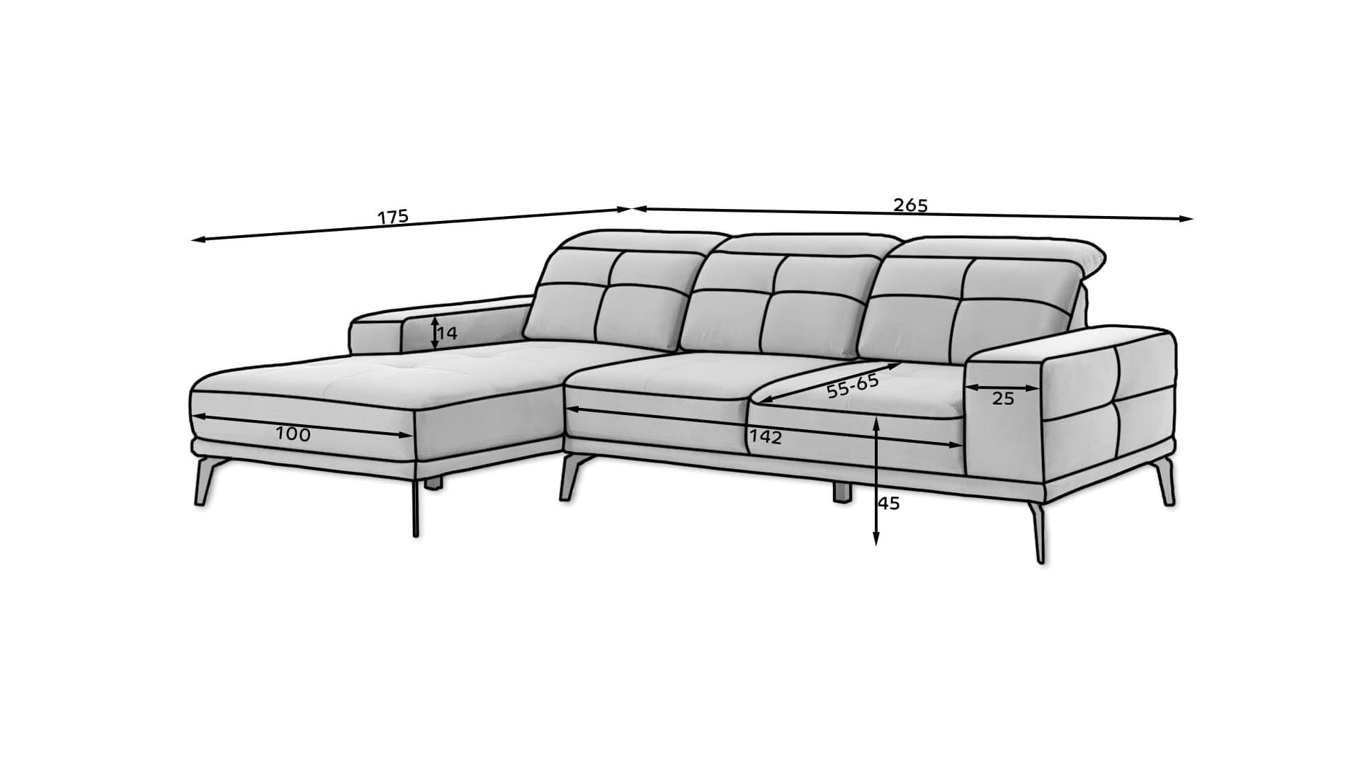 Coltar Fix Torrento cu Sezlong pe Stanga, Spatar si Tetiere Reglabile, l265xA175xH77-98 cm (10)