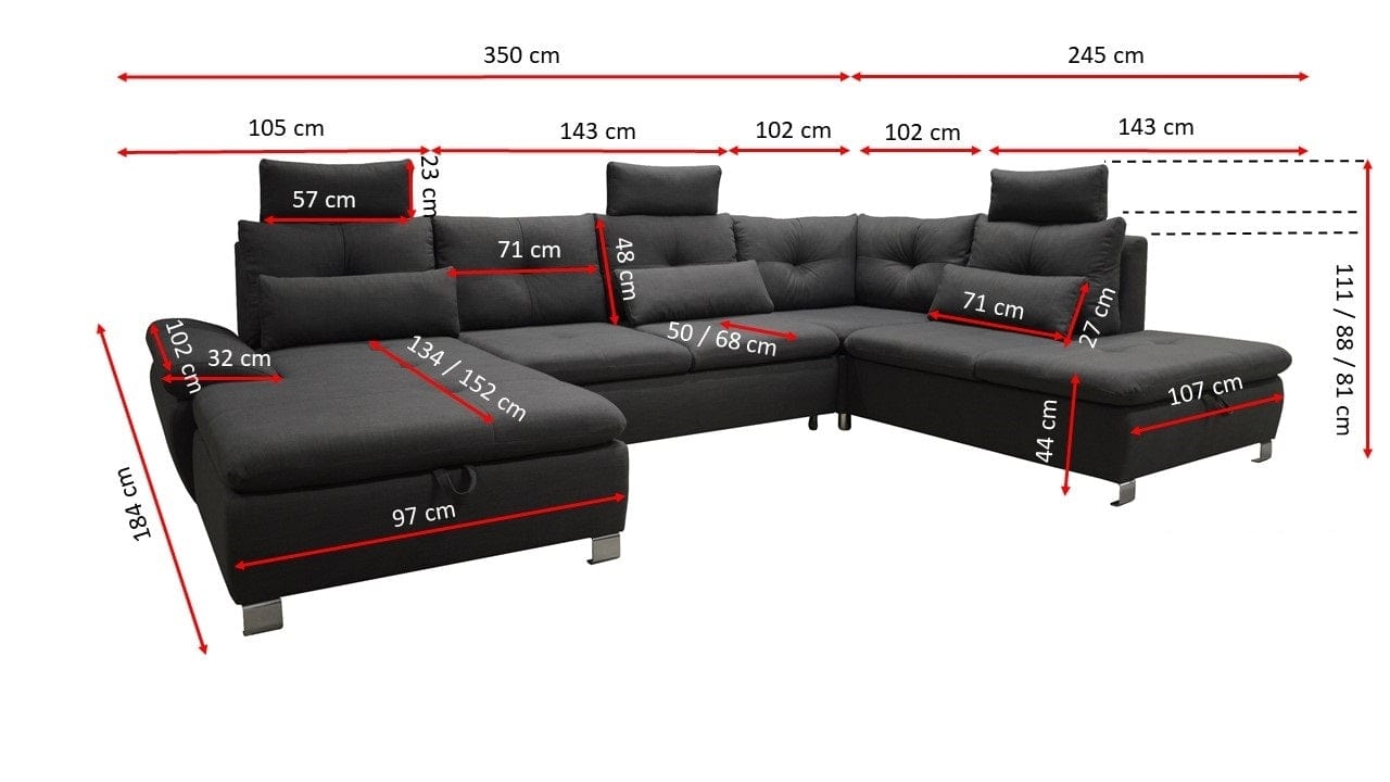 Coltar Madir III Extensibil cu Arcuri Ondulate si Spuma Poliuretanica, Sezlong pe Dreapta, Suprafata de Dormit 282x136 cm, cu Lada de Depozitare, Cotiere Reglabile, Tetiere Detasabile, Perne Incluse, l350xA245xH88 cm (5)