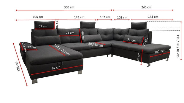 Coltar Madir III Extensibil cu Arcuri Ondulate si Spuma Poliuretanica, Sezlong pe Stanga, Suprafata de Dormit 282x136 cm, cu Lada de Depozitare, Cotiere Reglabile, Tetiere Detasabile, Perne Incluse, l350xA245xH88 cm (5)