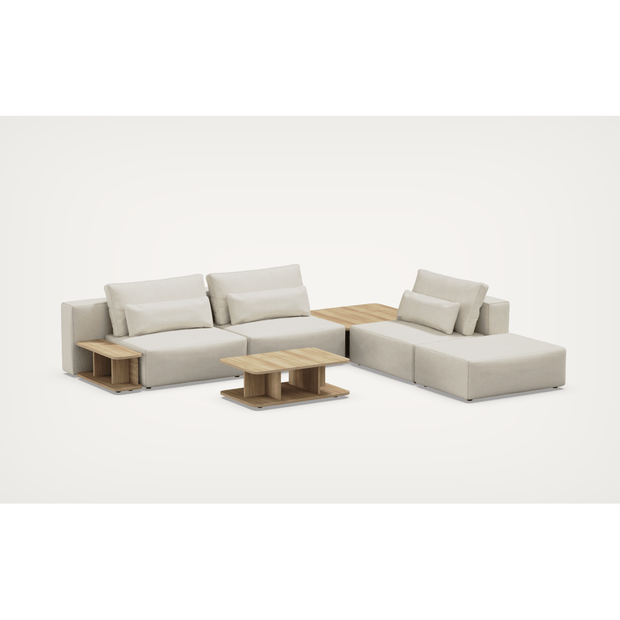 Coltar Modular, Sezlong Universal (pe Stanga sau pe Dreapta), Tapitat cu Stofa, 2 Mese de cafea si Taburet Incluse, Riposo Grande Bej, l330xA285xH85 cm (1)