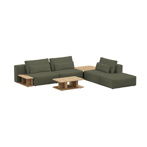 SIT SIT Coltar Modular, Sezlong Universal (pe Stanga sau pe Dreapta), Tapitat cu Stofa, 2 Mese de cafea si Taburet Incluse, Riposo Grande Verde Olive, l330xA285xH85 cm