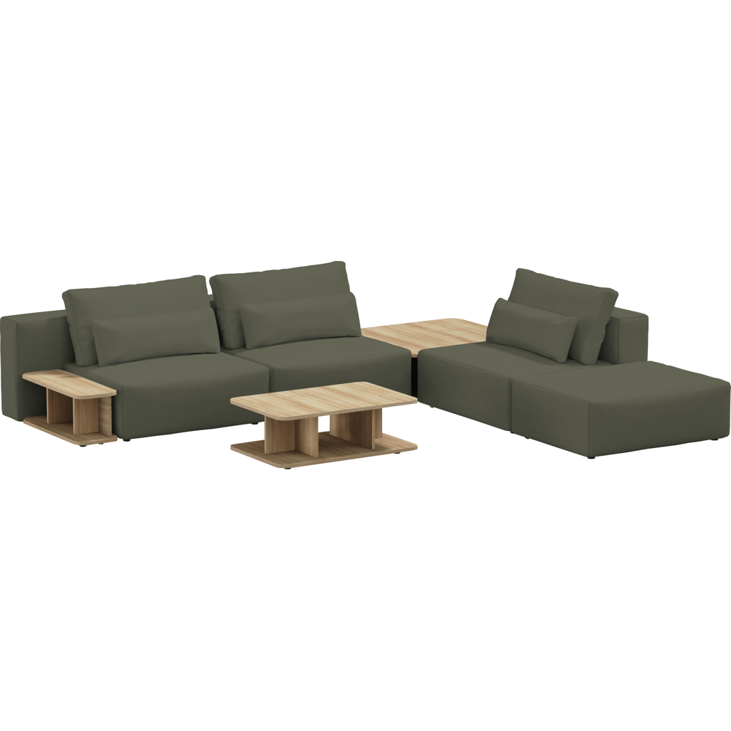 Coltar Modular, Sezlong Universal (pe Stanga sau pe Dreapta), Tapitat cu Stofa, 2 Mese de cafea si Taburet Incluse, Riposo Grande Verde Olive, l330xA285xH85 cm (1)