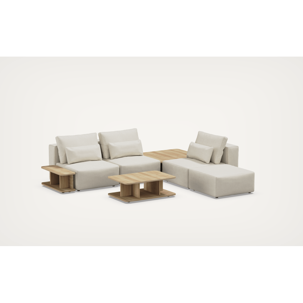 Coltar Modular, Sezlong Universal (pe Stanga sau pe Dreapta), Tapitat cu Stofa, 2 Mese de cafea si Taburet Incluse, Riposo Ottimo Bej, l290xA290xH85 cm (3)