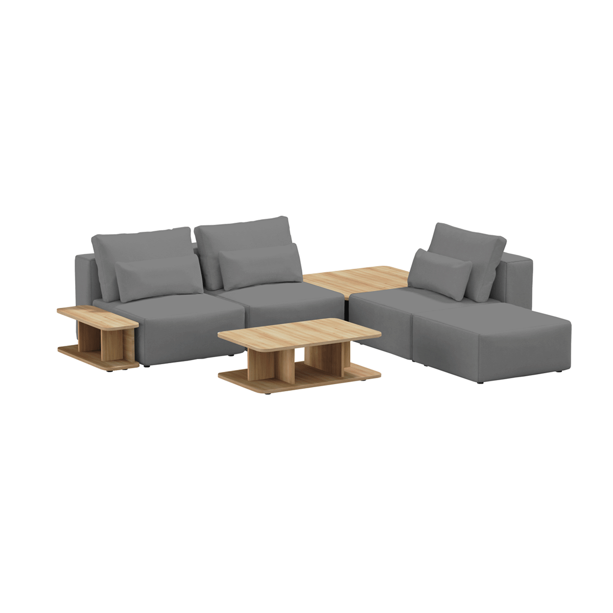 Coltar Modular, Sezlong Universal (pe Stanga sau pe Dreapta), Tapitat cu Stofa, 2 Mese de cafea si Taburet Incluse, Riposo Ottimo Gri, l290xA290xH85 cm (3)