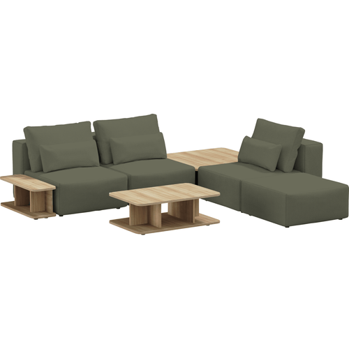 SIT SIT Coltar Modular, Sezlong Universal (pe Stanga sau pe Dreapta), Tapitat cu Stofa, 2 Mese de cafea si Taburet Incluse, Riposo Ottimo Verde Olive, l290xA290xH85 cm