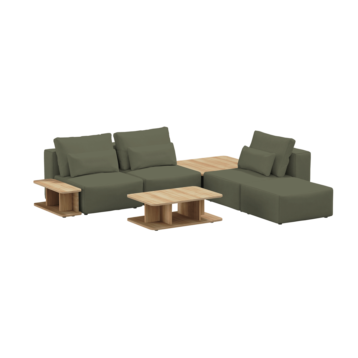 Coltar Modular, Sezlong Universal (pe Stanga sau pe Dreapta), Tapitat cu Stofa, 2 Mese de cafea si Taburet Incluse, Riposo Ottimo Verde Olive, l290xA290xH85 cm (3)