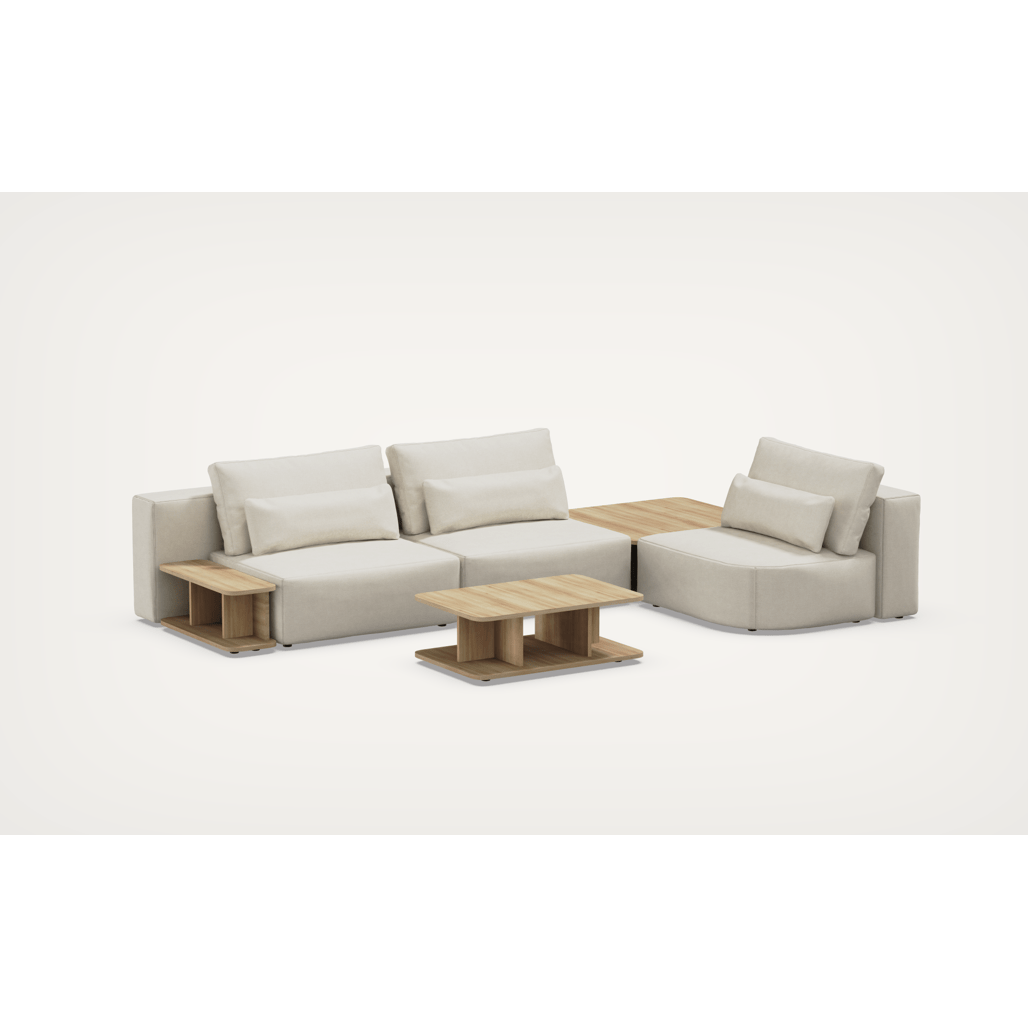 Coltar Modular, Sezlong Universal (pe Stanga sau pe Dreapta), Tapitat cu Stofa si 2 Mese de cafea Incluse, Riposo Grande Bej, l330xA205xH85 cm (2)