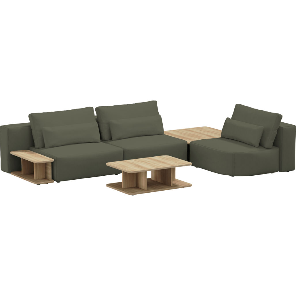 Coltar Modular, Sezlong Universal (pe Stanga sau pe Dreapta), Tapitat cu Stofa si 2 Mese de cafea Incluse, Riposo Grande Verde Olive, l330xA205xH85 cm (1)