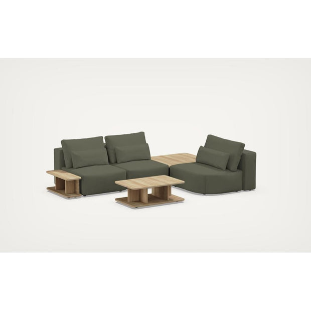 Coltar Modular, Sezlong Universal (pe Stanga sau pe Dreapta), Tapitat cu Stofa si 2 Mese de cafea Incluse, Riposo Ottimo Verde Olive, l290xA185xH85 cm (2)