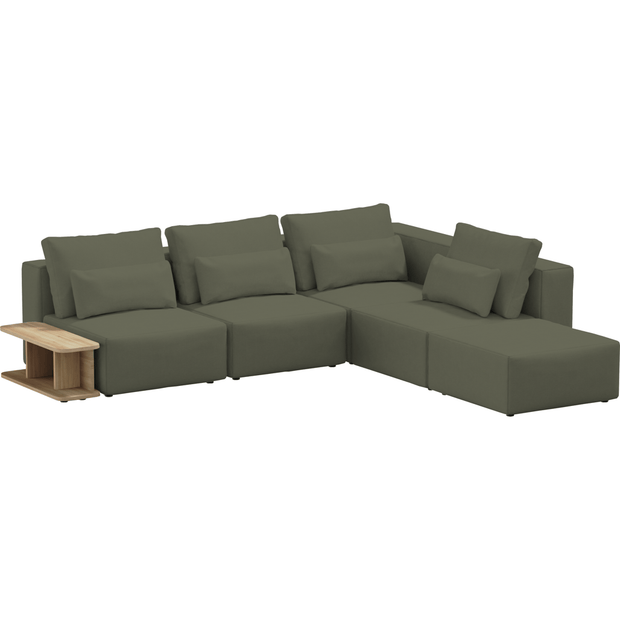 Coltar Modular, Sezlong Universal (pe Stanga sau pe Dreapta), Tapitat cu Stofa si Masa de cafea Inclusa, Riposo Ottimo Verde Olive, l290xA265xH85 cm