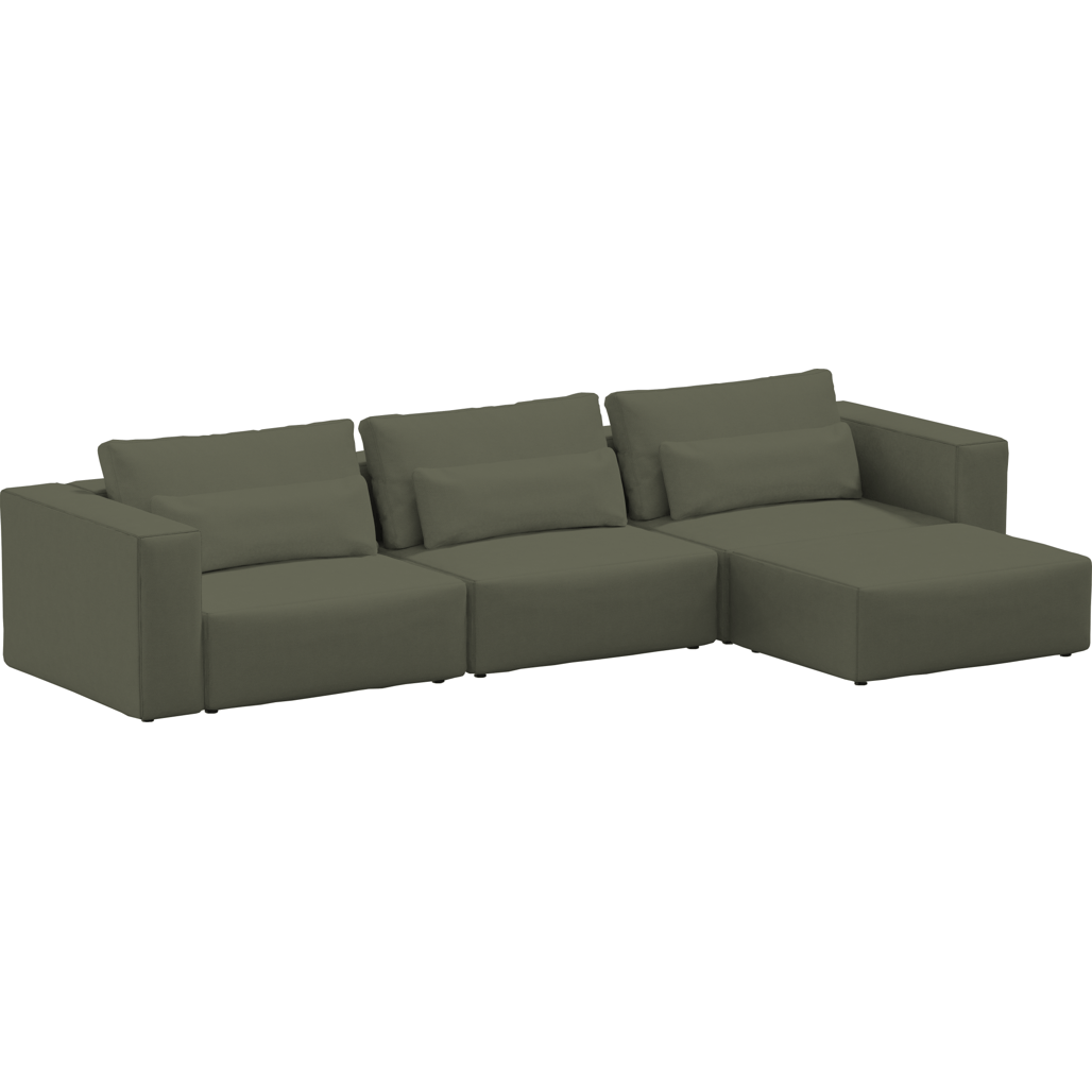 Coltar Modular, Sezlong Universal (pe Stanga sau pe Dreapta), Tapitat cu Stofa si Taburet Inclus, Riposo Grande Verde Olive, l375xA185xH85 cm (1)