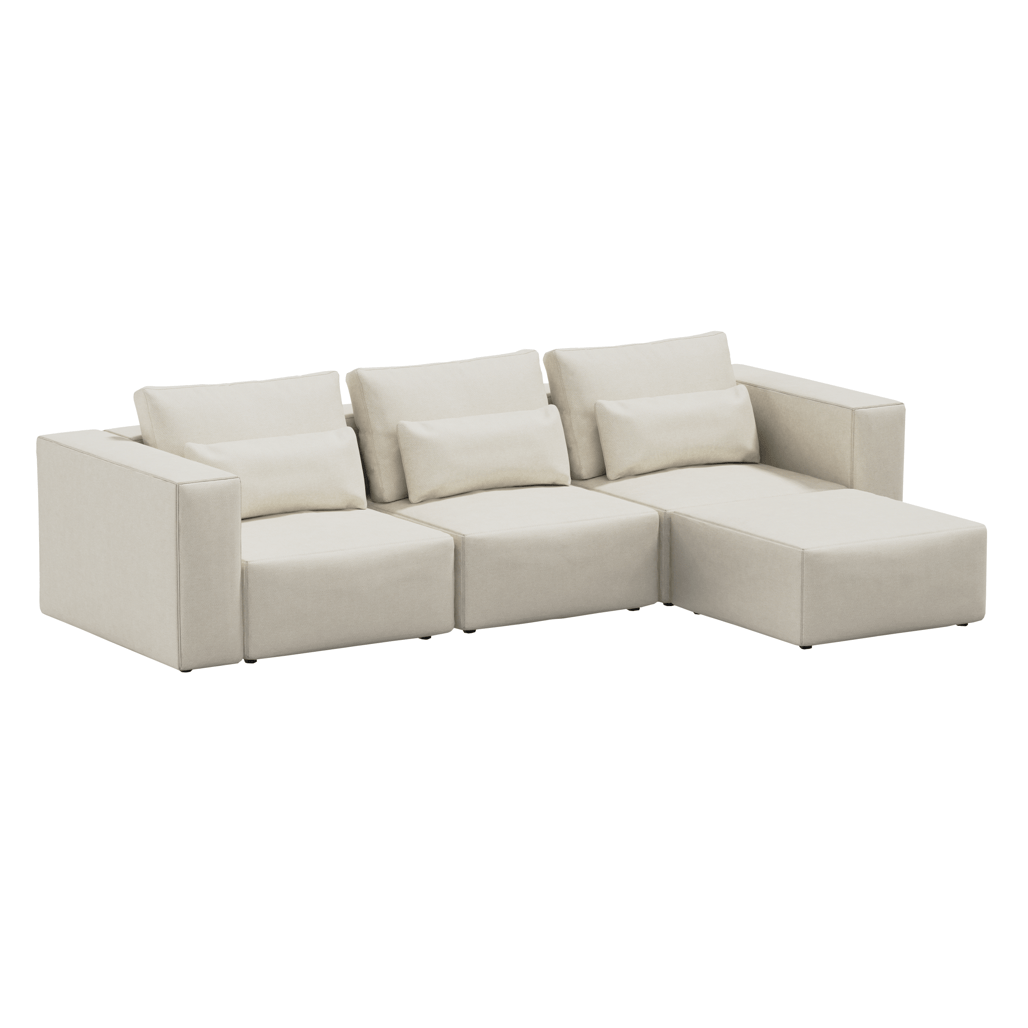 Coltar Modular, Sezlong Universal (pe Stanga sau pe Dreapta), Tapitat cu Stofa si Taburet Inclus, Riposo Ottimo Bej, l290xA185xH85 cm