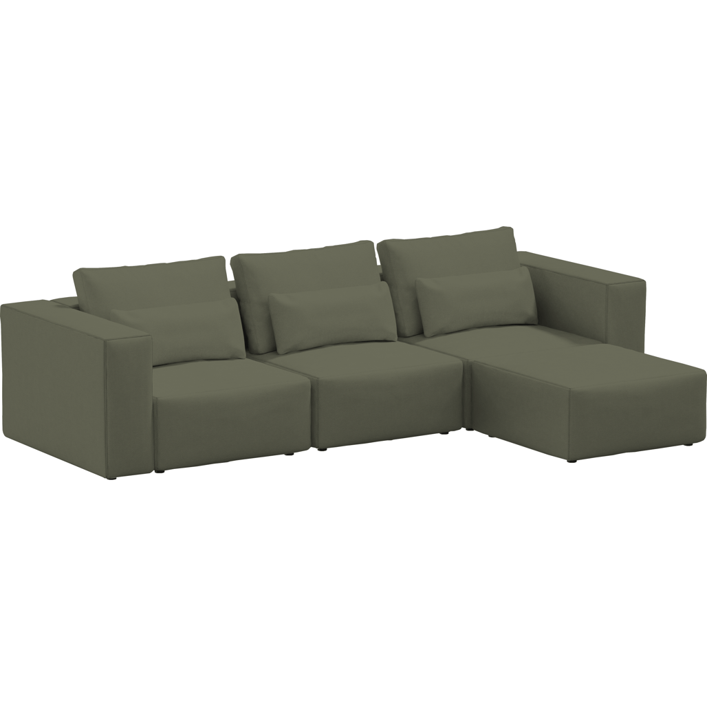 Coltar Modular, Sezlong Universal (pe Stanga sau pe Dreapta), Tapitat cu Stofa si Taburet Inclus, Riposo Ottimo Verde Olive, l290xA185xH85 cm