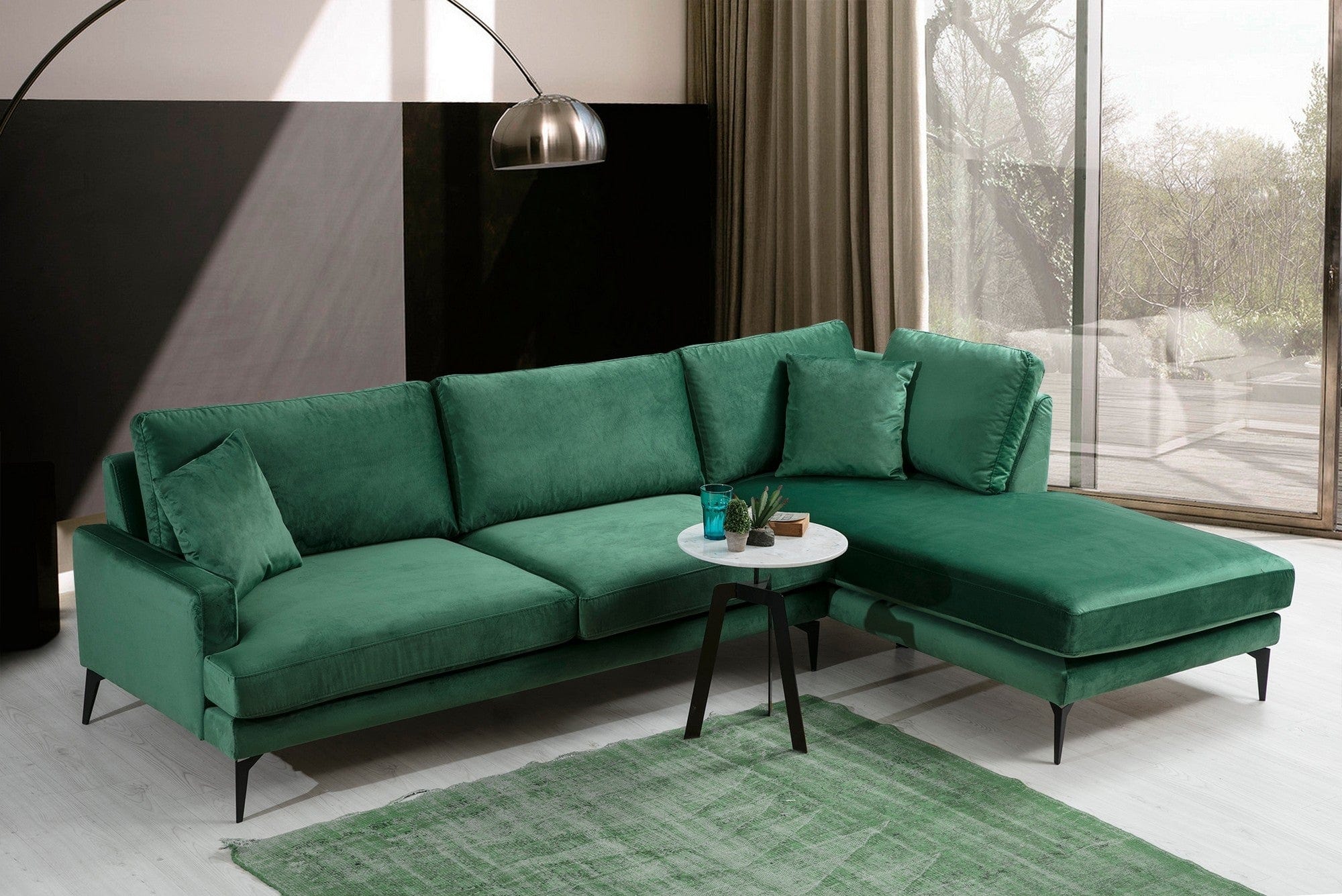 Coltar Papira Velvet Verde Fix cu Spuma Poliuretanica, Sezlong pe Dreapta, tapitat cu Stofa Easy Clean, Perne Incluse, l283xA180xH88 cm