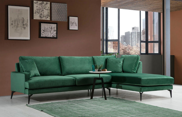 Coltar Papira Velvet Verde Fix cu Spuma Poliuretanica, Sezlong pe Dreapta, tapitat cu Stofa Easy Clean, Perne Incluse, l283xA180xH88 cm (1)