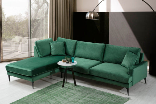 Coltar Papira Velvet Verde Fix cu Spuma Poliuretanica, Sezlong pe Stanga, tapitat cu Stofa Easy Clean, Perne Incluse, l283xA180xH88 cm