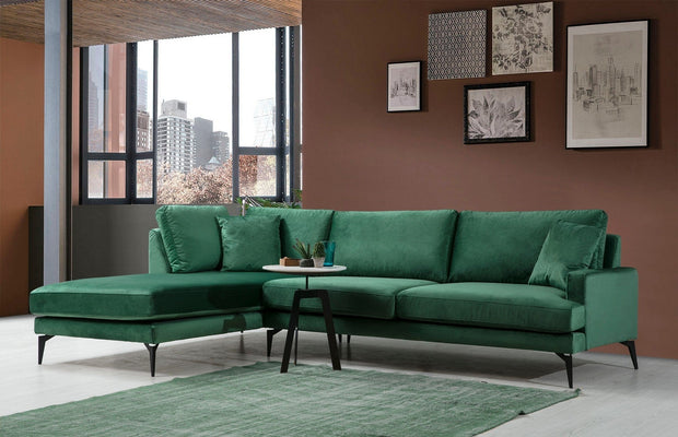 Coltar Papira Velvet Verde Fix cu Spuma Poliuretanica, Sezlong pe Stanga, tapitat cu Stofa Easy Clean, Perne Incluse, l283xA180xH88 cm (1)