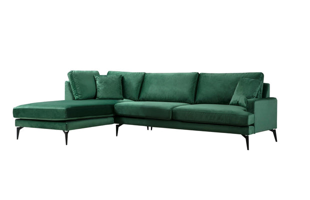 Coltar Papira Velvet Verde Fix cu Spuma Poliuretanica, Sezlong pe Stanga, tapitat cu Stofa Easy Clean, Perne Incluse, l283xA180xH88 cm (3)