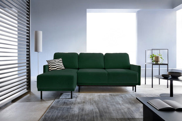 Coltar Solo Velvet Verde Extensibil, Sezlong Universal (pe Stanga sau pe Dreapta), tapitat cu Stofa, cu Lada de Depozitare, Perne Incluse, l212xA142xH87 cm