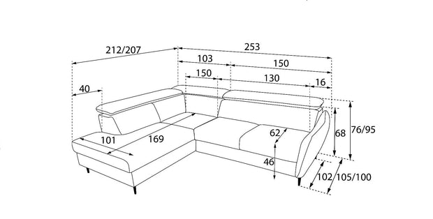 Coltar Extensibil, cu sezlong pe stanga, Tetiere Reglabile, Othello Gri, l253xA212xH76-95 cm (1)