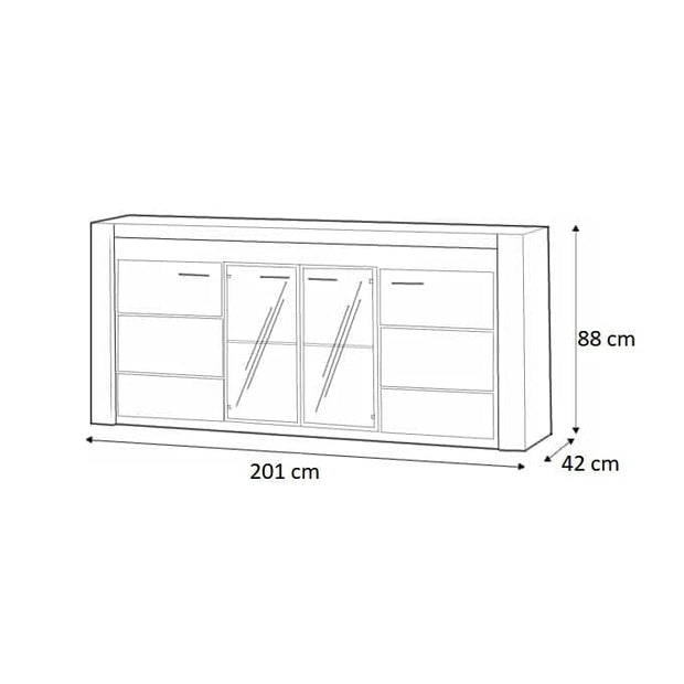 Comoda cu vitrina din pal, furnir si lemn, cu 4 usi si LED inclus, Velvet 49 Stejar Rustic, l201xA42xH88 cm (4)