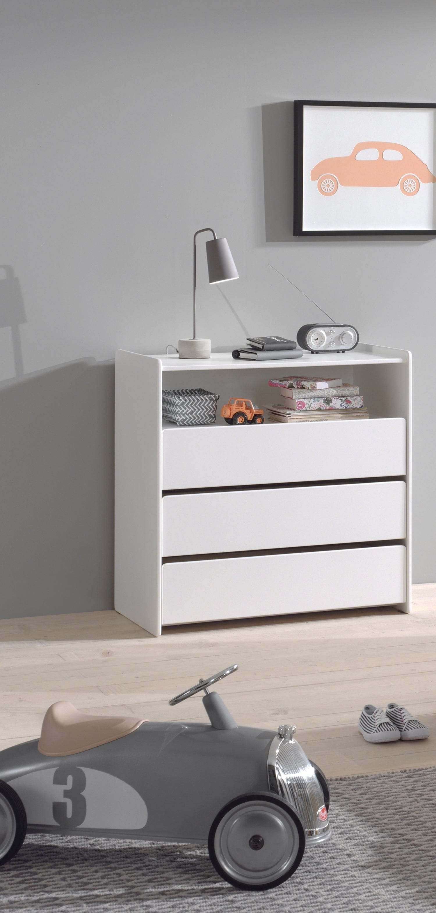 Comoda din lemn de pin si MDF cu 3 sertare, pentru copii Kiddy Alb, l90xA55xH92 cm