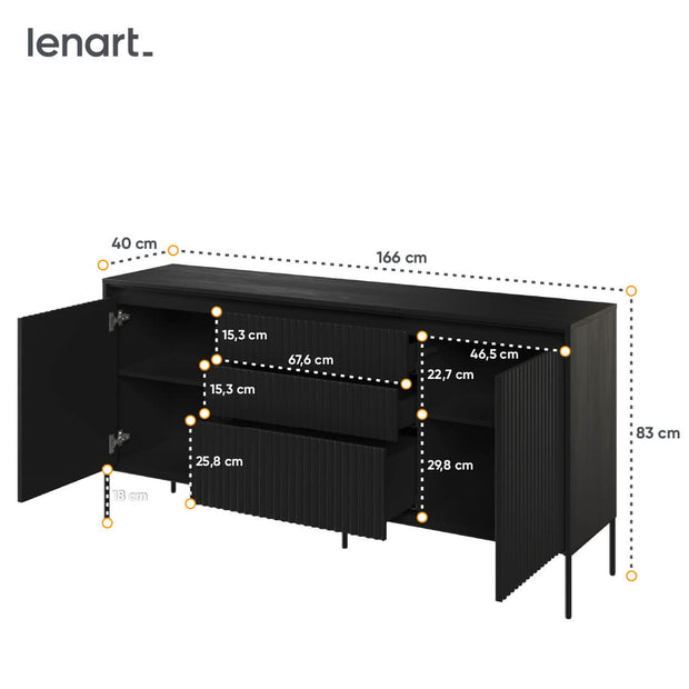 Lenart Comoda din MDF si metal, cu 3 sertare si 2 usi, cu LED inclus, Trend TR-01 V2 Negru, l166xA40xH83 cm