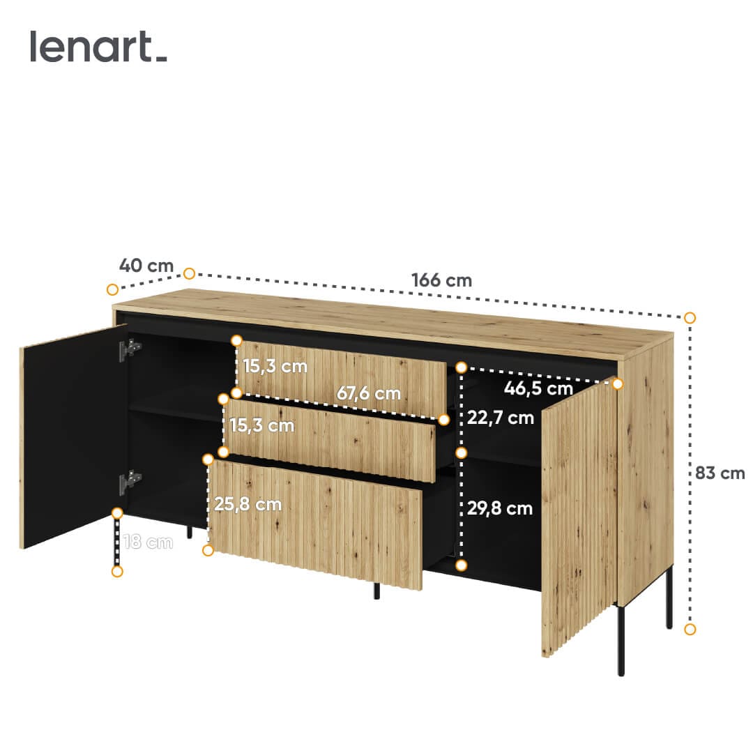 Lenart Comoda din MDF si metal, cu 3 sertare si 2 usi, cu LED inclus, Trend TR-01 V2 Stejar Artisan / Negru, l166xA40xH83 cm