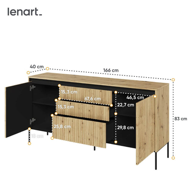 Lenart Comoda din MDF si metal, cu 3 sertare si 2 usi, cu LED inclus, Trend TR-01 V2 Stejar Artisan / Negru, l166xA40xH83 cm