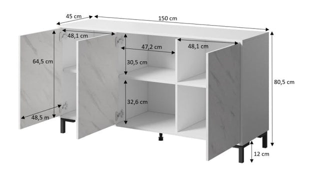 Comoda din pal, cu 3 usi, Marmo Alb / Negru, l80,5xA150xH45 cm (3)