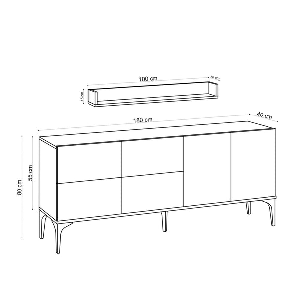 Comoda din pal, cu 6 usi si etajera inclusa, Stella Stejar Sapphire / Negru, l180xA40xH80 cm / l100xA15xH15 cm (4)