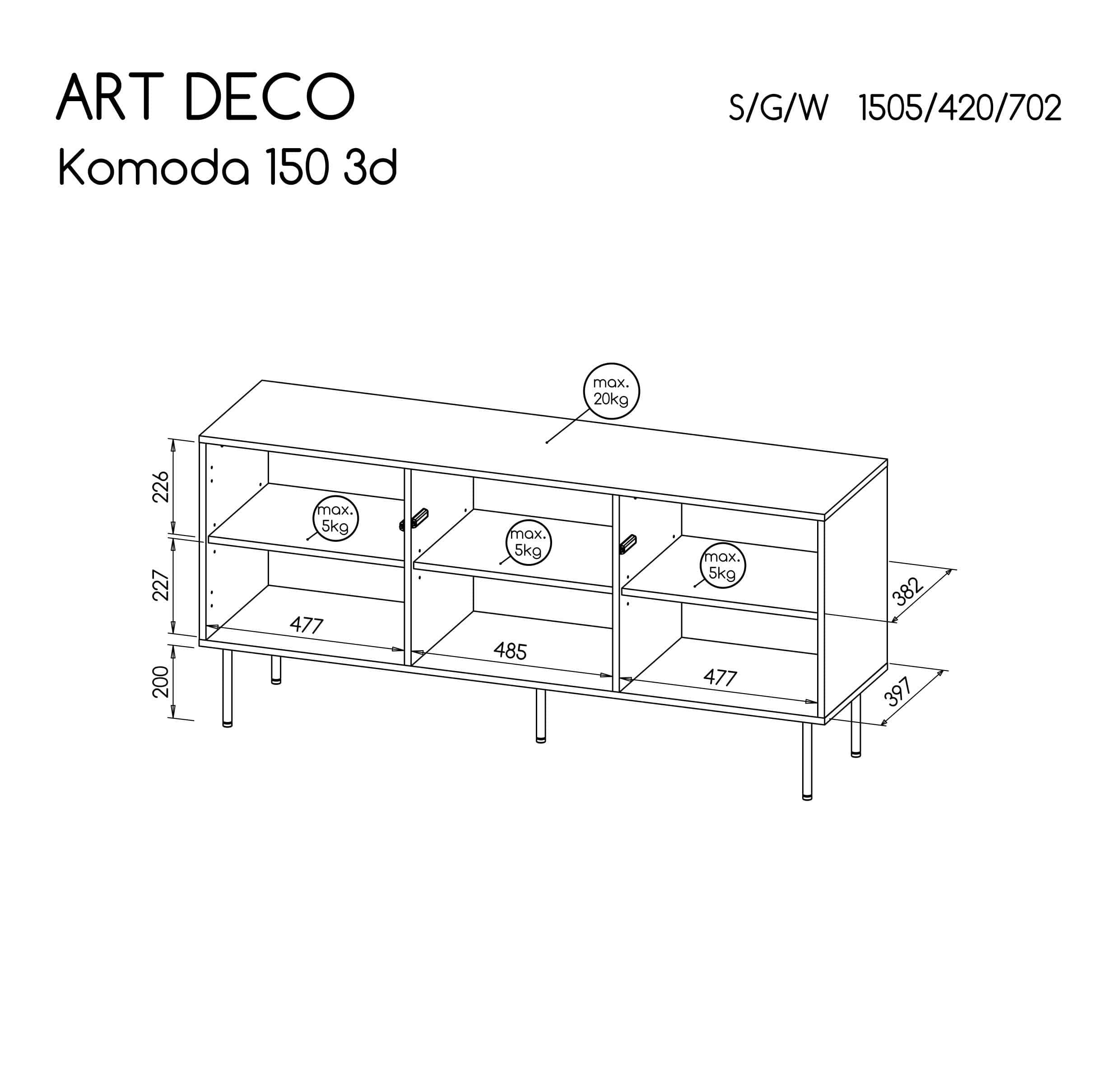 Comoda din pal, MDF si metal, cu 3 usi, Artdeco Nuc / Negru, l150,5xA42xH70,2 cm (3)