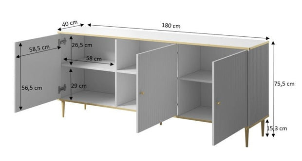 Comoda din pal, MDF si metal, cu 3 usi, Glamour Alb / Auriu, l180xA40xH75,5 cm (3)