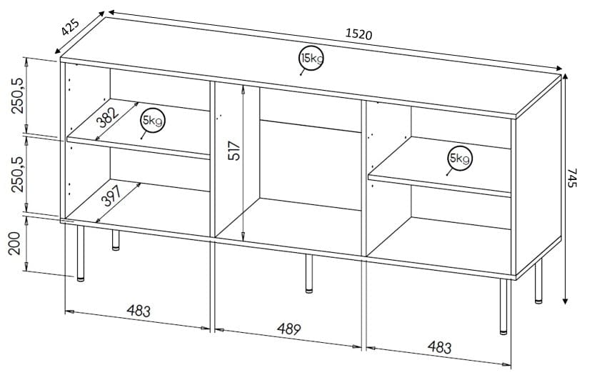 Comoda din pal, MDF si metal, cu 3 usi, Hole Alb / Negru, l152xA42,5xH74,5 cm (3)