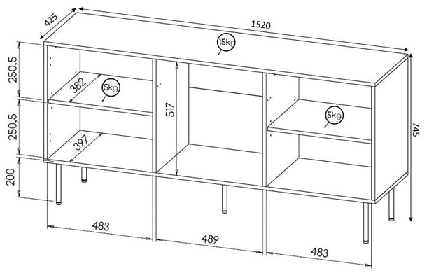 Comoda din pal, MDF si metal, cu 3 usi, Hole Alb / Negru, l152xA42,5xH74,5 cm (3)