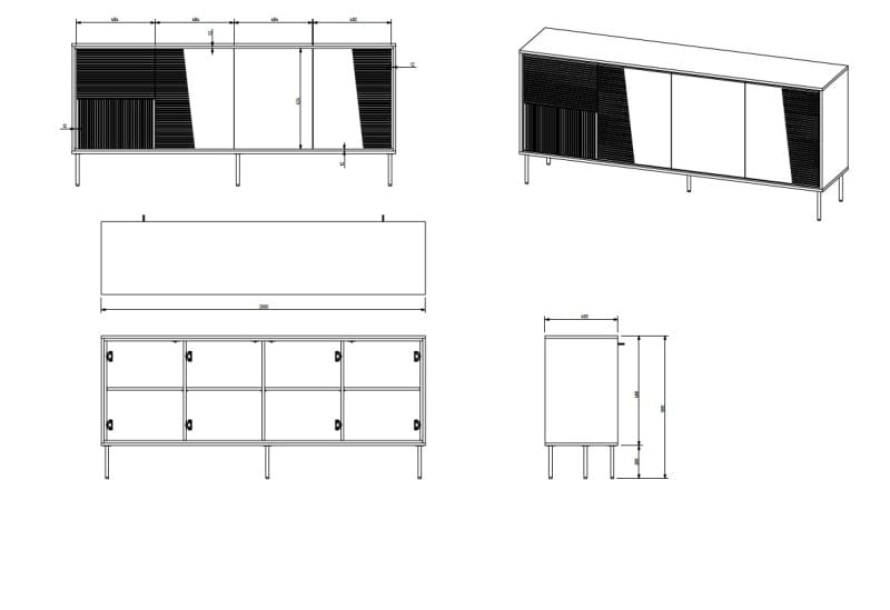 Comoda din pal, MDF si metal, cu 4 usi, Abi Alb / Negru, l200xA45xH88 cm (3)