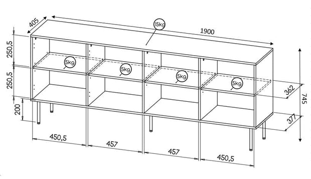 Comoda din pal, MDF si metal, cu 4 usi, Hole Negru / Auriu, l190xA40,5xH74,5 cm (3)