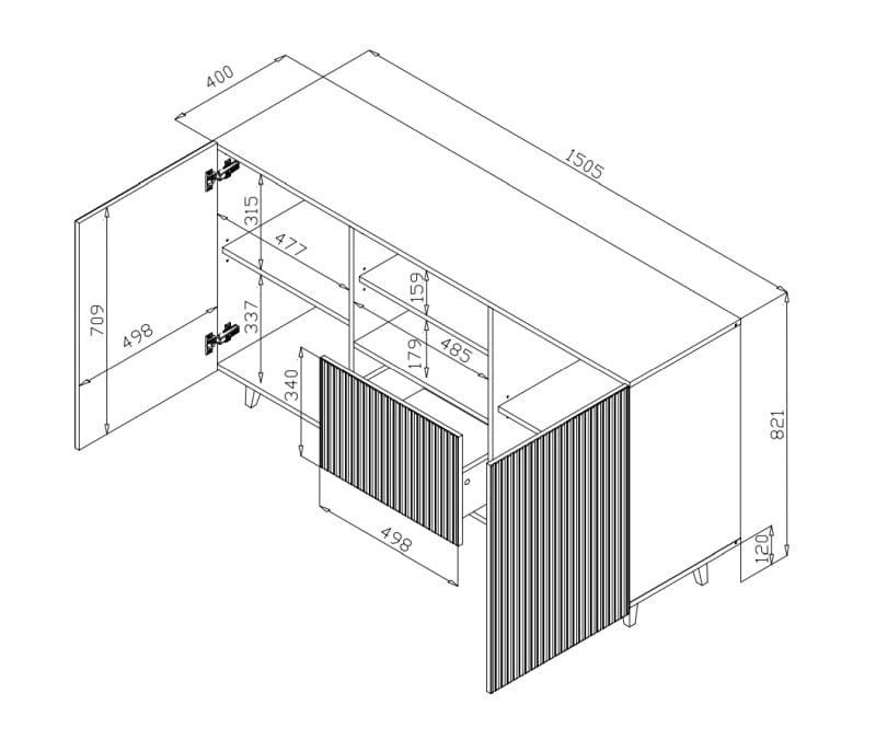 Comoda din pal, MDF si plastic, cu 1 sertar si 2 usi Pafos Alb / Negru, l150xA40xH82 cm (3)