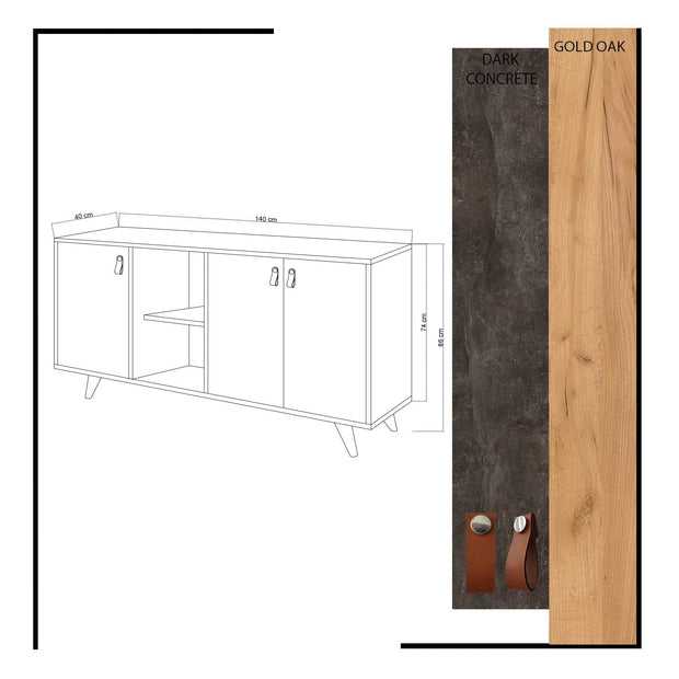 Comoda din pal si lemn, cu 3 usi, Planky Gri Inchis / Stejar, l140xA40xH86 cm (4)