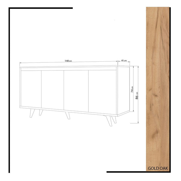 Comoda din pal si lemn, cu 4 usi, Shans Stejar / Alb, l140xA40xH86 cm (3)